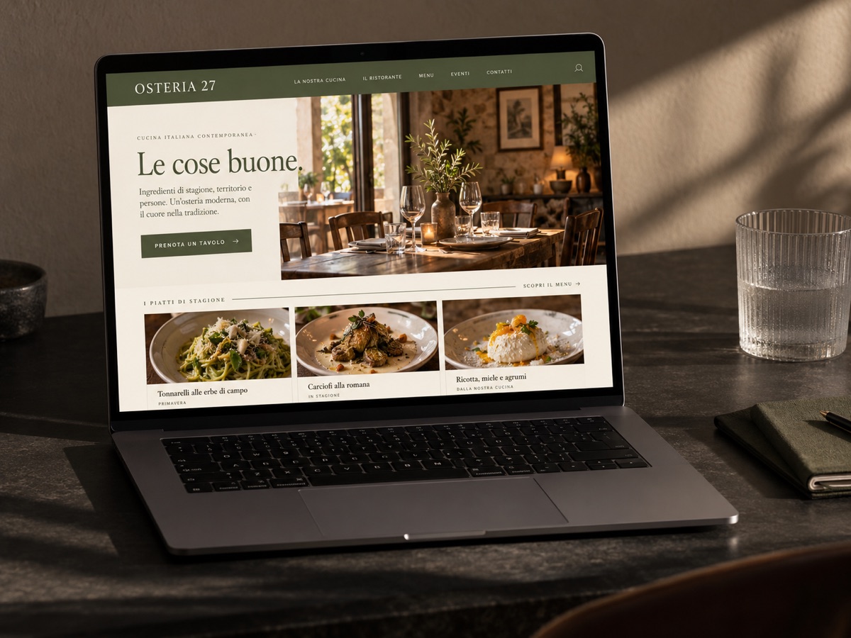 Concept Osteria 27: homepage dimostrativa su dispositivi, fotografati in un ambiente di lavoro dedicato
